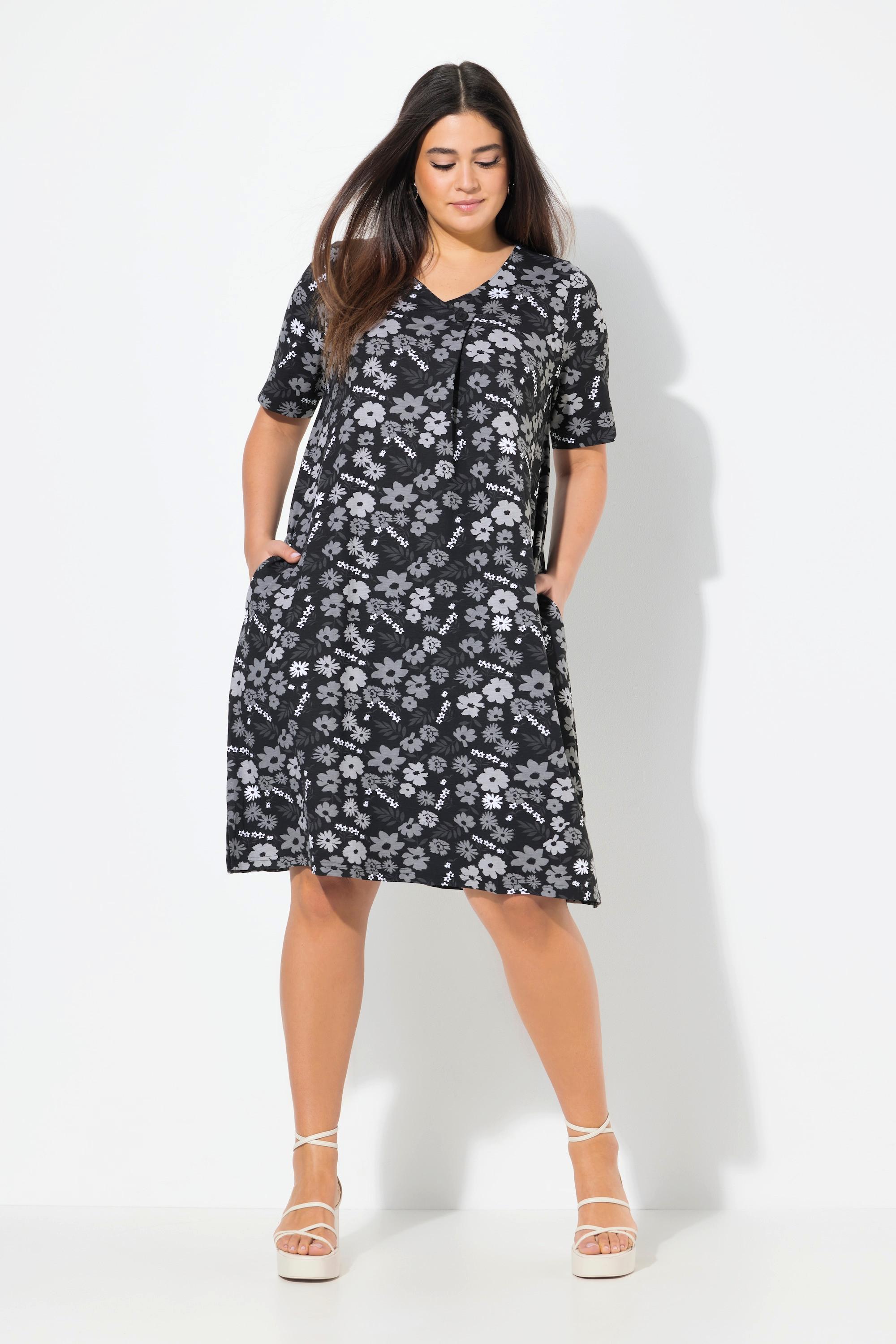 Ulla Popken Abito in Jersey Fiori Linea ad A Scollo a V Mezza Manica  