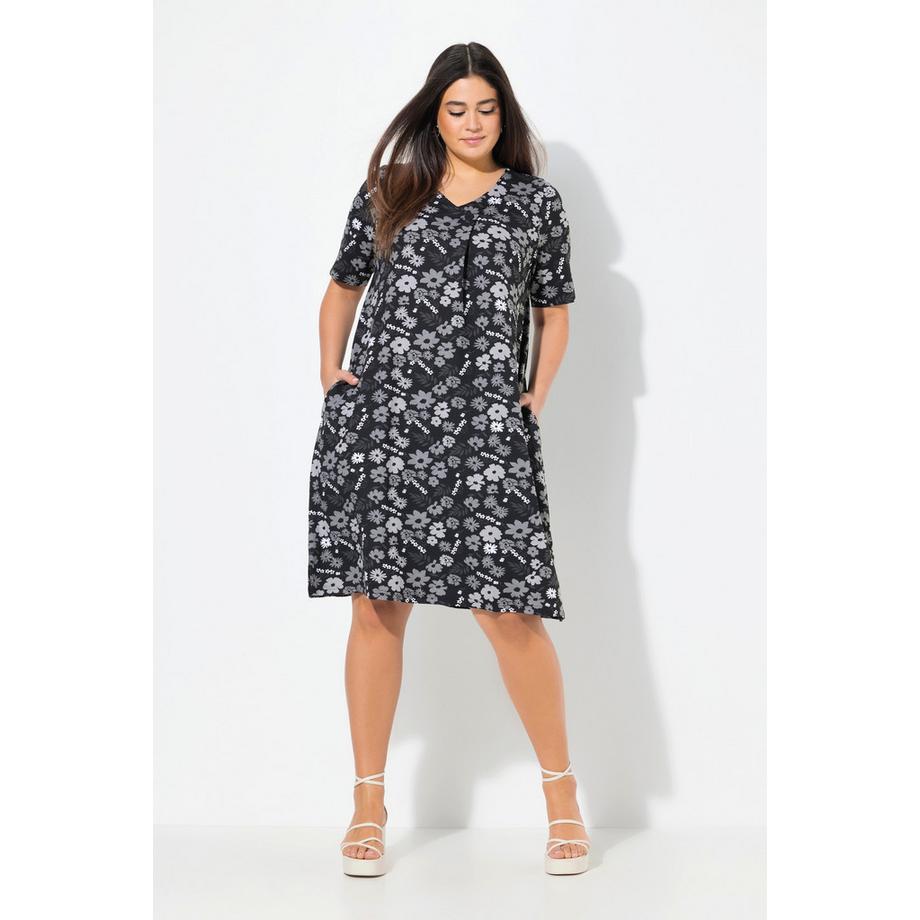 Ulla Popken Robe en Jersey Fleurs Coupe Évasée Col V Manches Courtes  