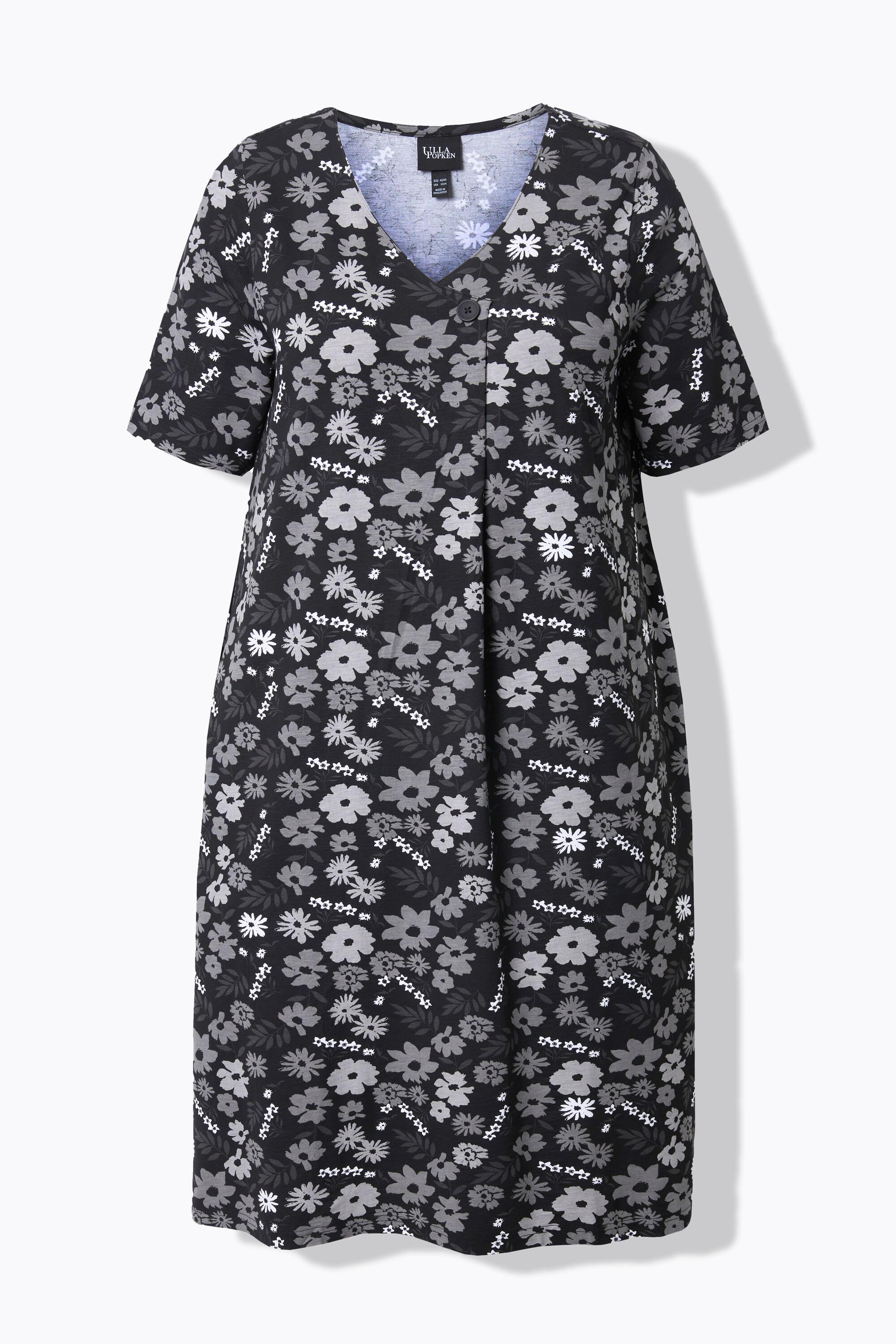 Ulla Popken Abito in Jersey Fiori Linea ad A Scollo a V Mezza Manica  