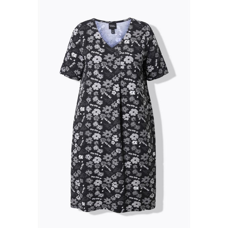 Ulla Popken Robe en Jersey Fleurs Coupe Évasée Col V Manches Courtes  