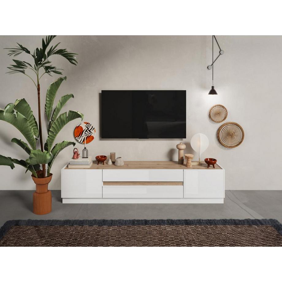 Vente-unique Mobile TV con 2 ante e 2 cassetti Bianco laccato e Naturale - EMORA  