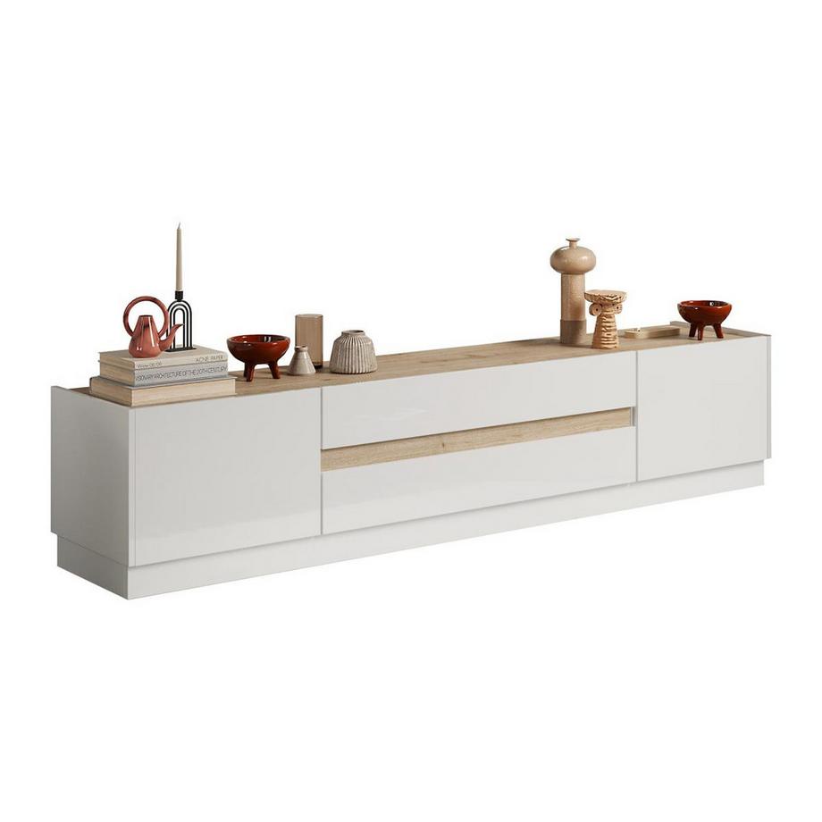 Vente-unique Mobile TV con 2 ante e 2 cassetti Bianco laccato e Naturale - EMORA  
