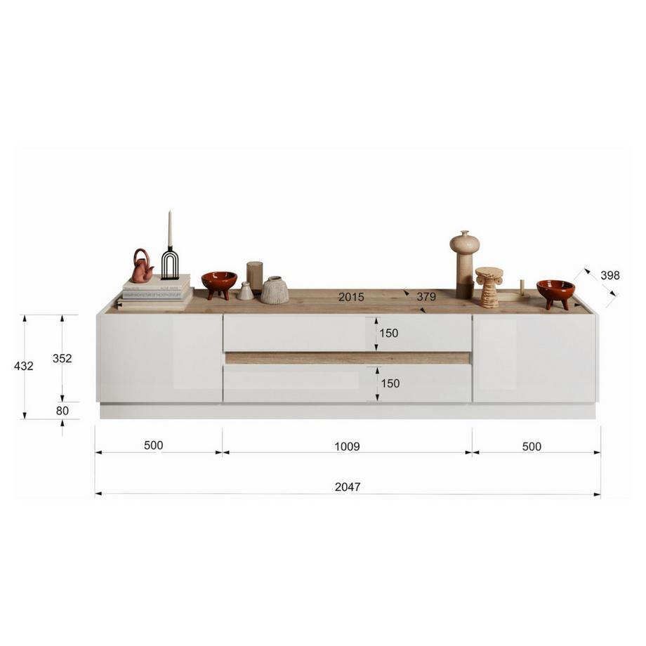 Vente-unique Mobile TV con 2 ante e 2 cassetti Bianco laccato e Naturale - EMORA  