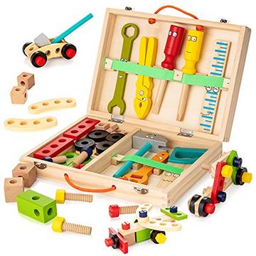 Outils en bois, boîte à outils boîte à outils, cadeaux pour enfants, avec pièces en bois colorées, jouets éducatifs bricolage créatifs, jouets à partir de 3 ans