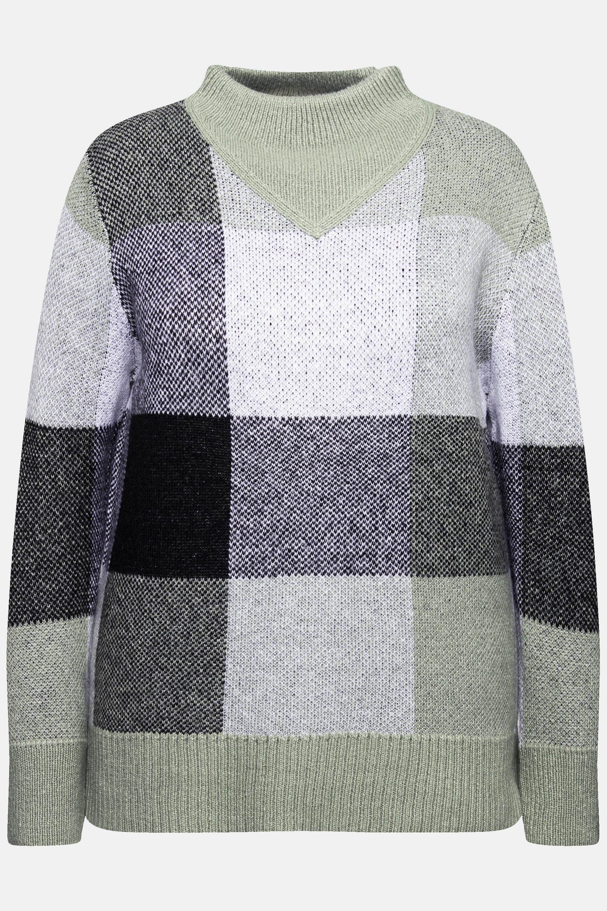 Ulla Popken  Pullover con design a quadri, collo alto e maniche lunghe 