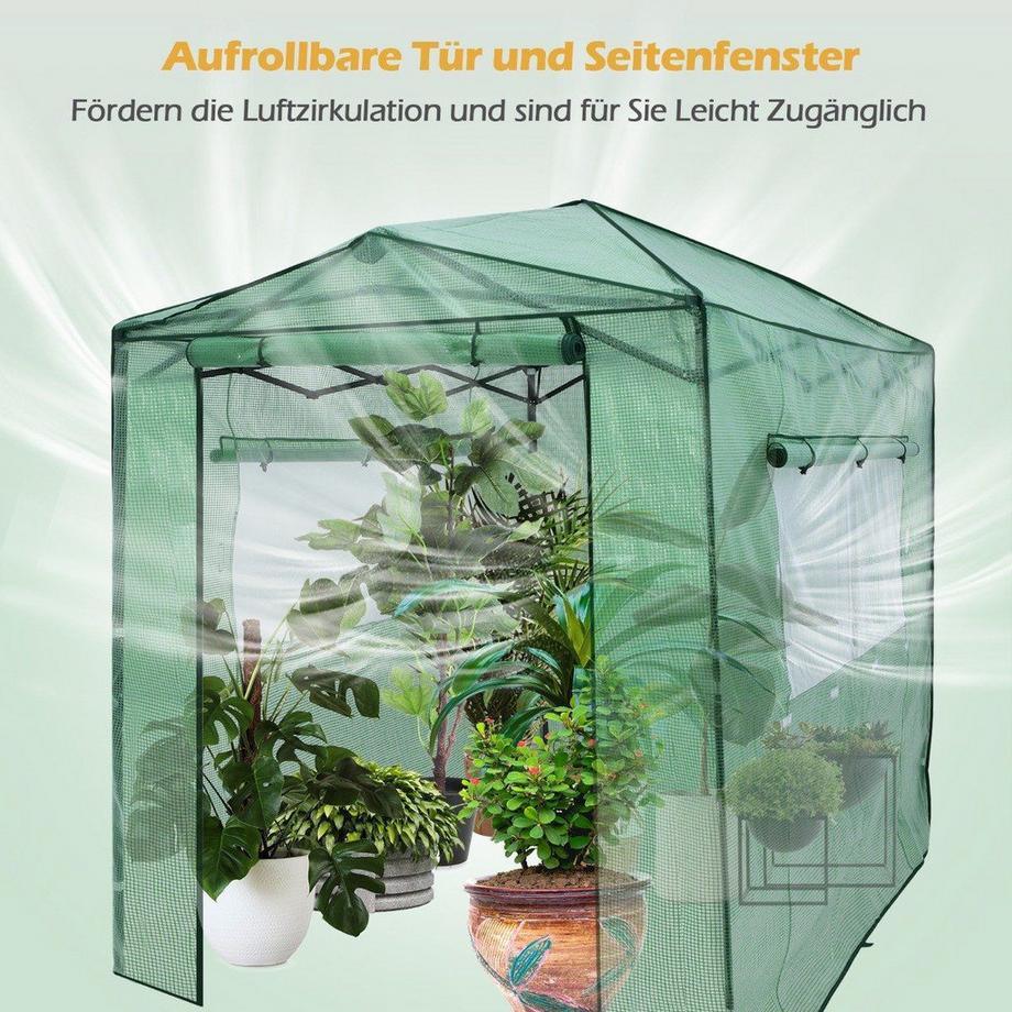 B2X Tragbares Pop-up-Gewächshaus Begehbares Gartengewächshaus 180 x 250 x 230 cm Grün  
