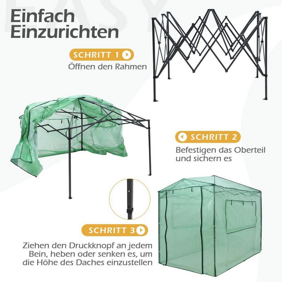 B2X Tragbares Pop-up-Gewächshaus Begehbares Gartengewächshaus 180 x 250 x 230 cm Grün  