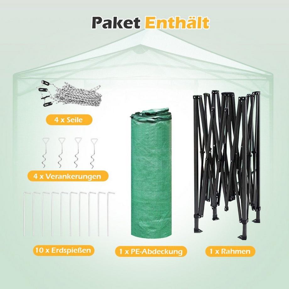 B2X Tragbares Pop-up-Gewächshaus Begehbares Gartengewächshaus 180 x 250 x 230 cm Grün  