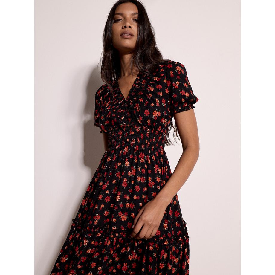 APRICOT Minikleid mit Blumenprint und Smokarbeit  