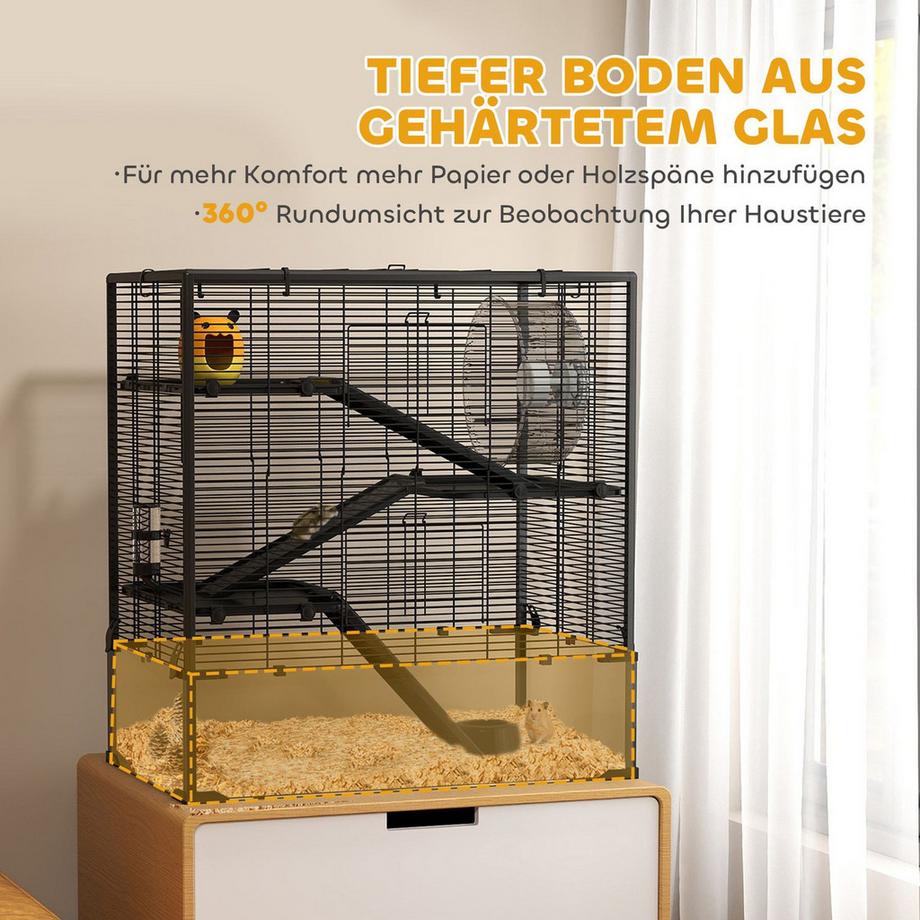 Northio  Hamsterkäfig für Zwerghamster, 4-stufiges Nagerkäfig mit Glasboden, Hütte, Laufrad, Rampen, Futterschale, Kleintierkäfig Zwerghamsterkäfig 78,5 x 48,5 x 80 cm Schwarz 