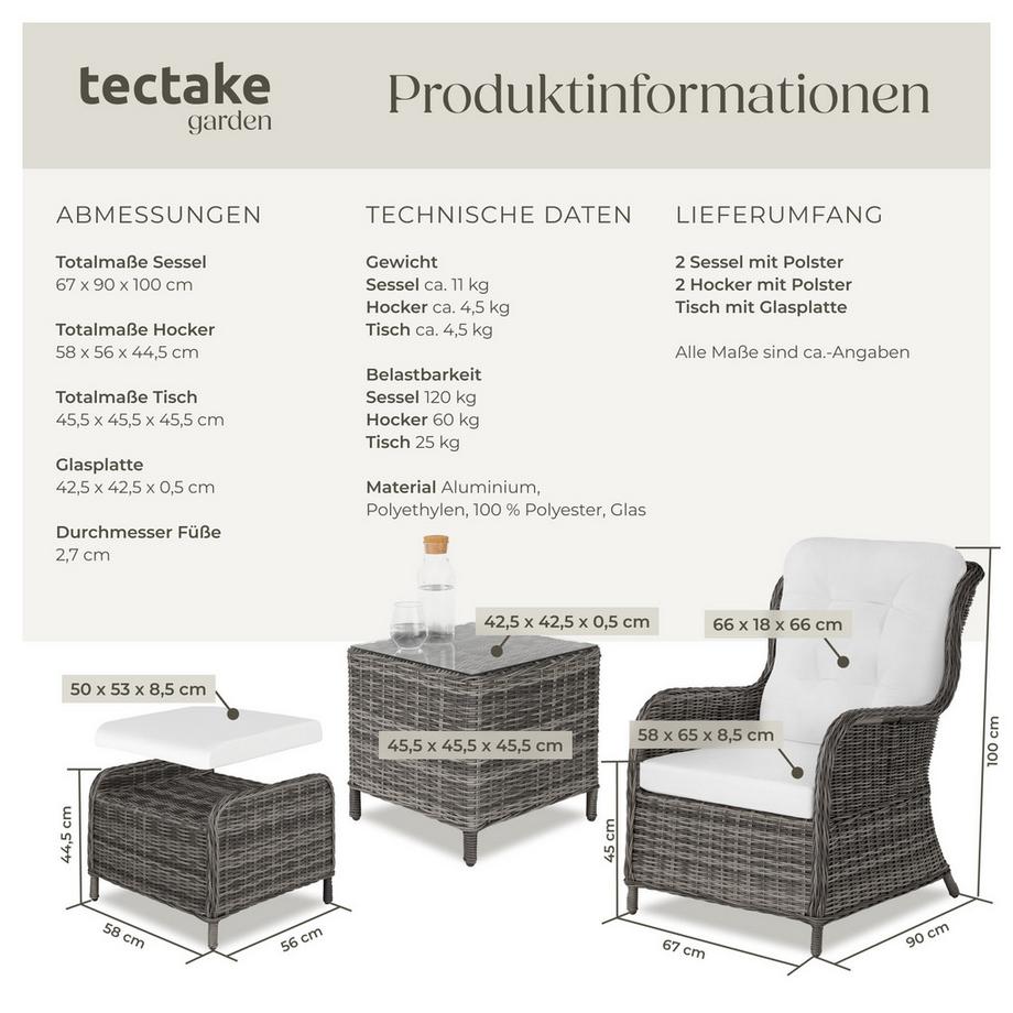 Tectake Rattan Sitzgruppe Benissa für 2 bis 4 Personen wetterfest und UV-beständig, hochwertiges Geflecht  
