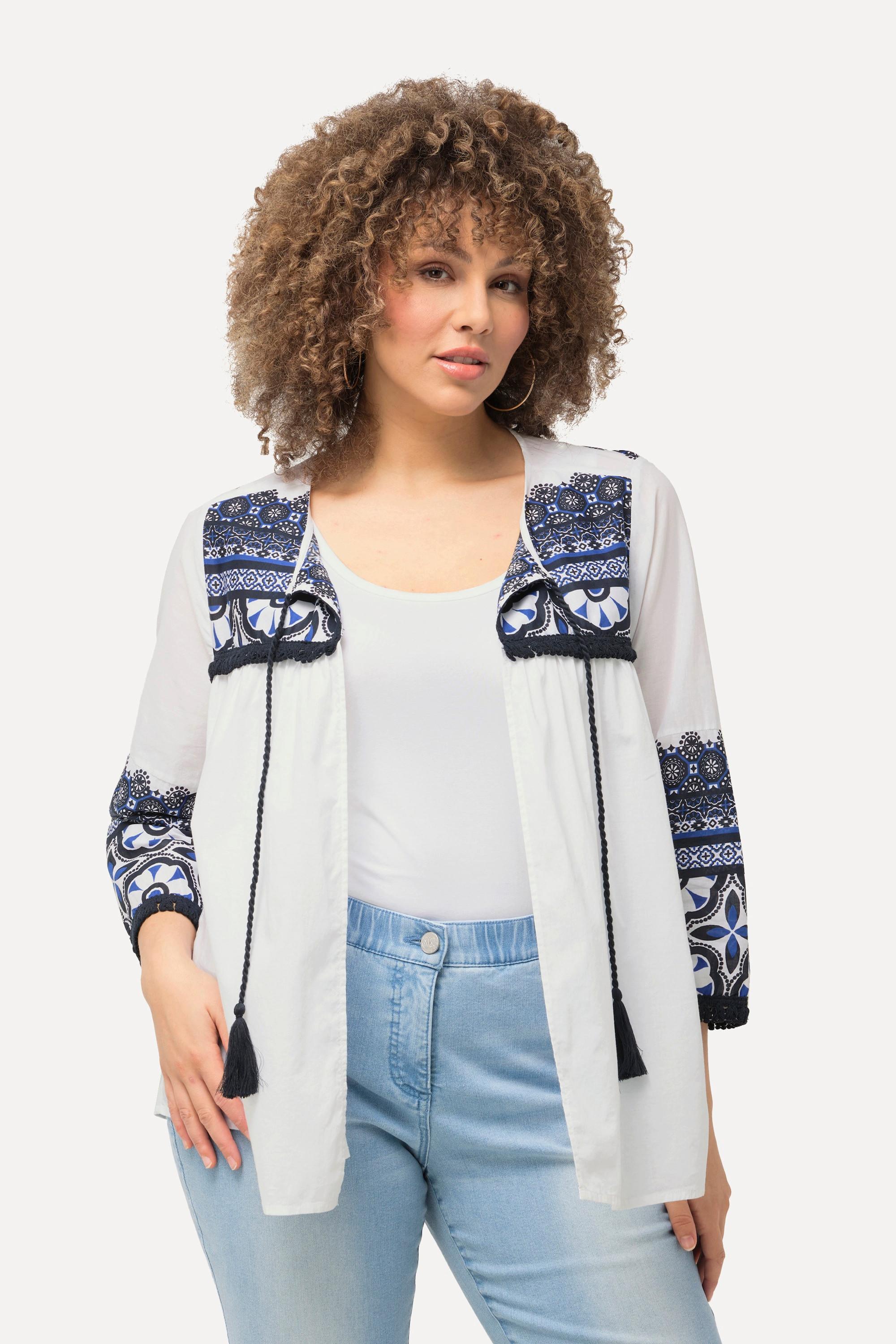 Ulla Popken Giacca Blusa Frange Taglio Svasato Scollo Rotondo Maniche 3/4  