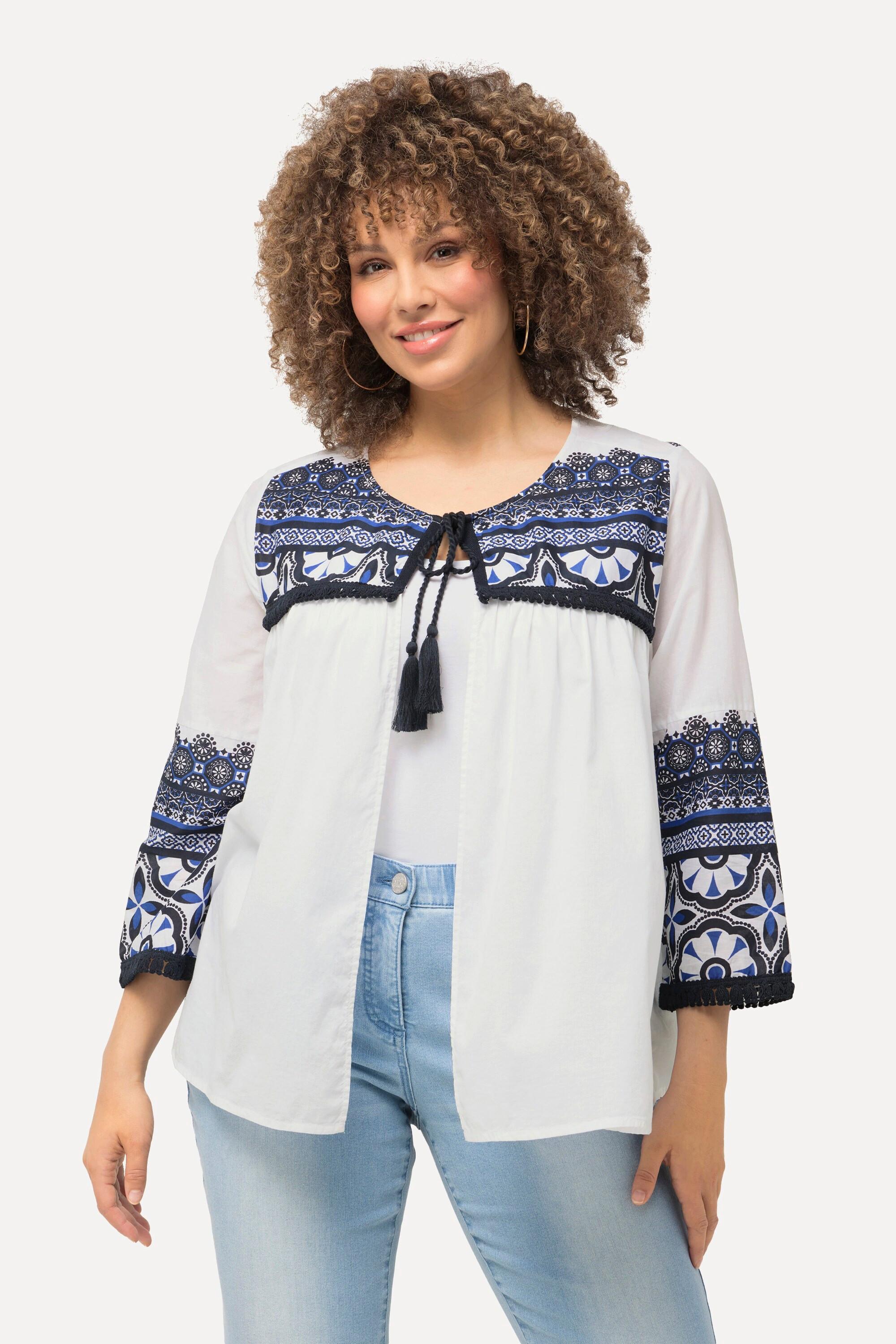 Ulla Popken Blusenjacke Fransen A-Linie Rundhals 3/4-Arm  