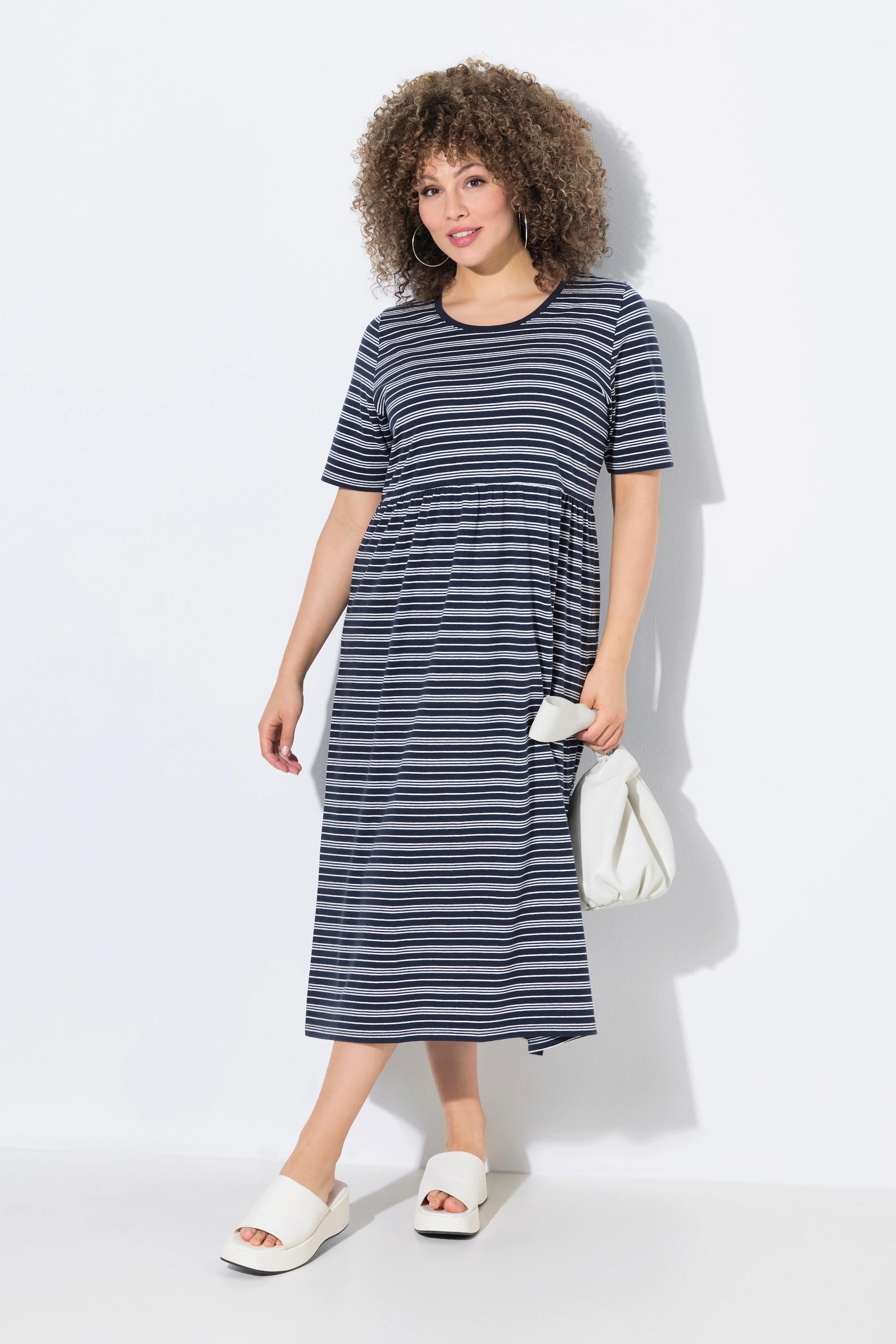 Ulla Popken Abito Midi A Righe Taglio Svasato Scollo Rotondo Mezze Maniche  