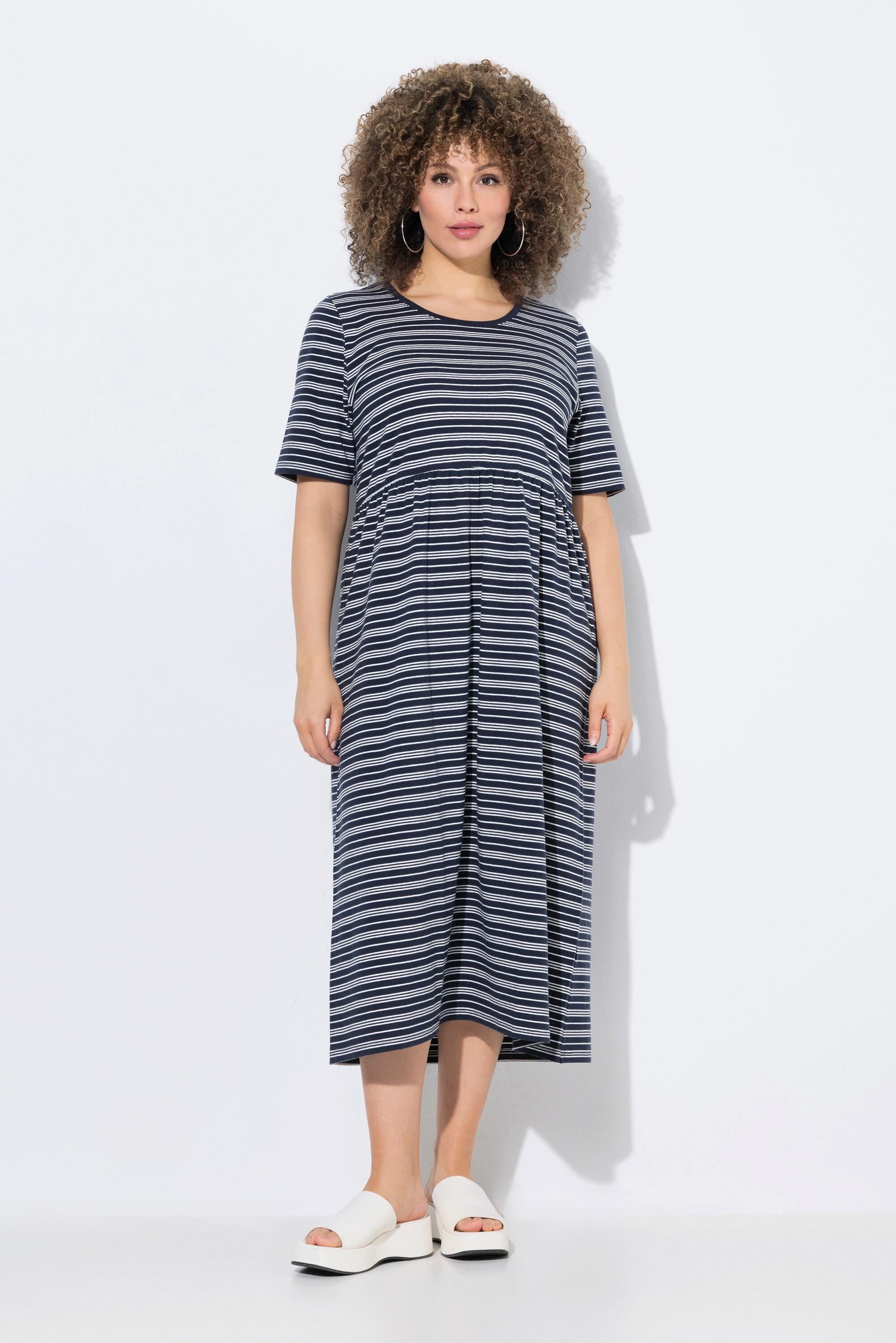 Ulla Popken Abito Midi A Righe Taglio Svasato Scollo Rotondo Mezze Maniche  