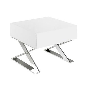 Table de chevet en bois blanc et acier chromé