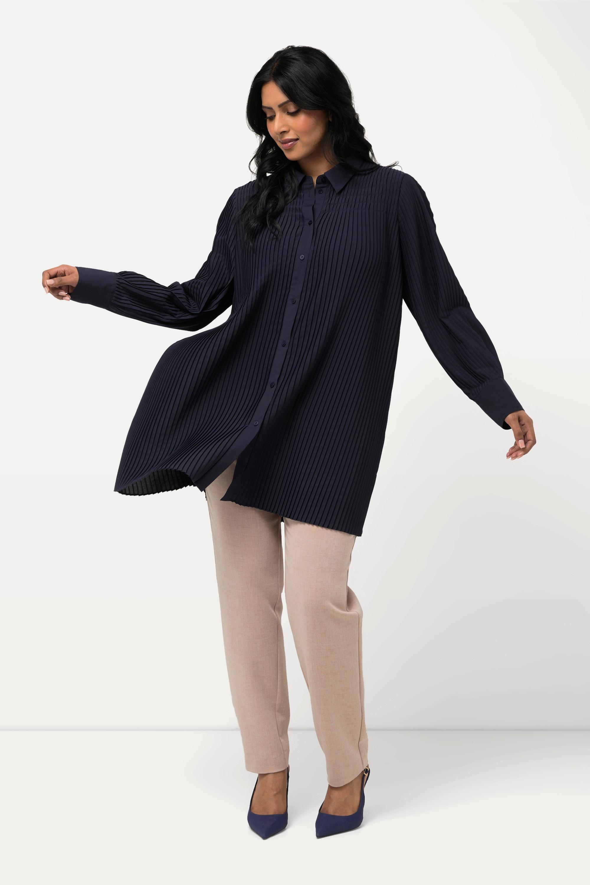 Ulla Popken Blusa plissettata Taglio svasato Maniche lunghe Collo a camicia  