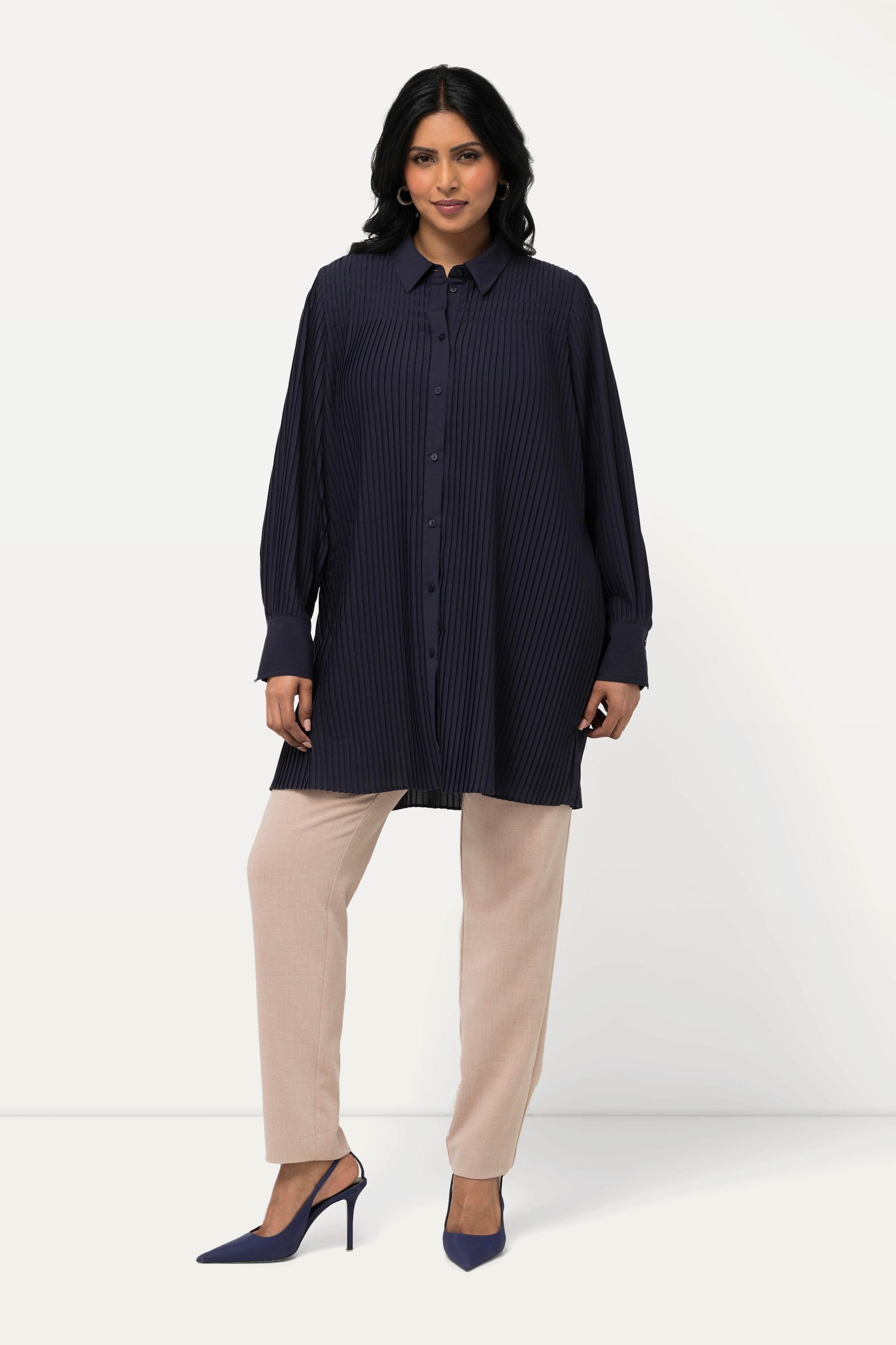 Ulla Popken Blusa plissettata Taglio svasato Maniche lunghe Collo a camicia  