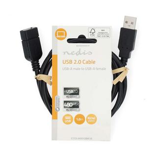 Nedis  Câble USB | USB 2.0 | USB-A mâle | USB-A femelle | 480 Mbps | Nickelé | 1.00 m | Rond | PVC | Noir | Etiquette 