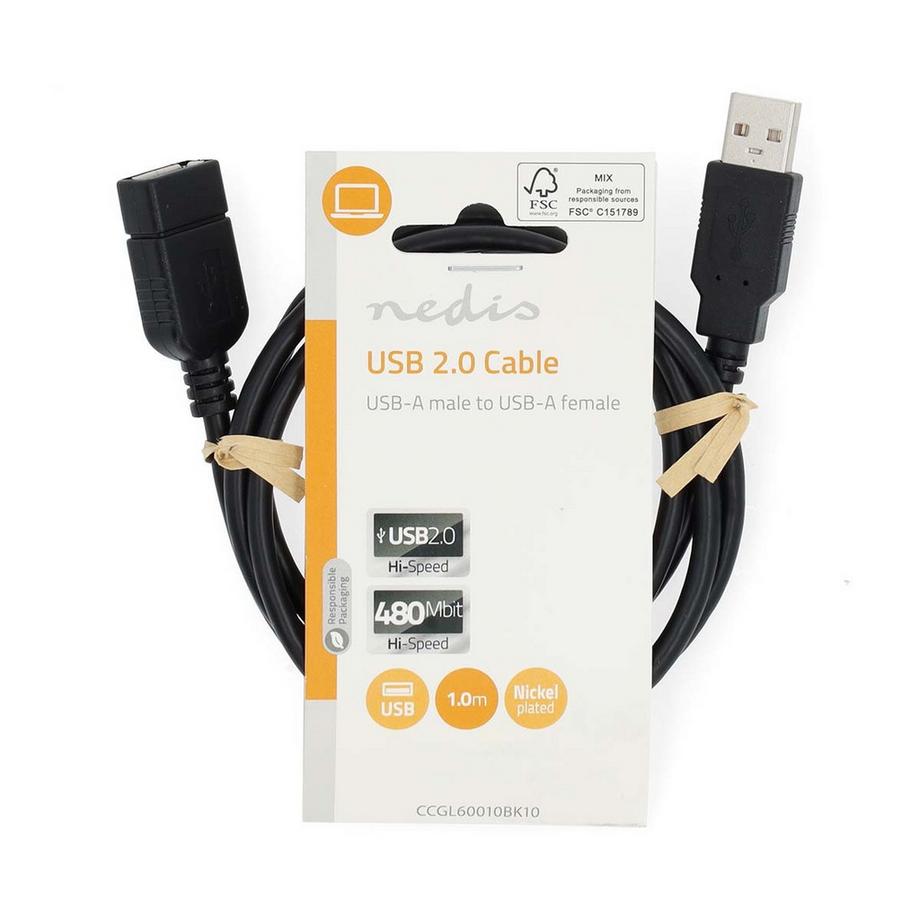Nedis  USB-Kabel | USB 2.0 | USB-A Stecker | USB-A Buchse | 480 Mbps | Vernickelt | 1,00 m | Rund | PVC | Schwarz | Etikett 