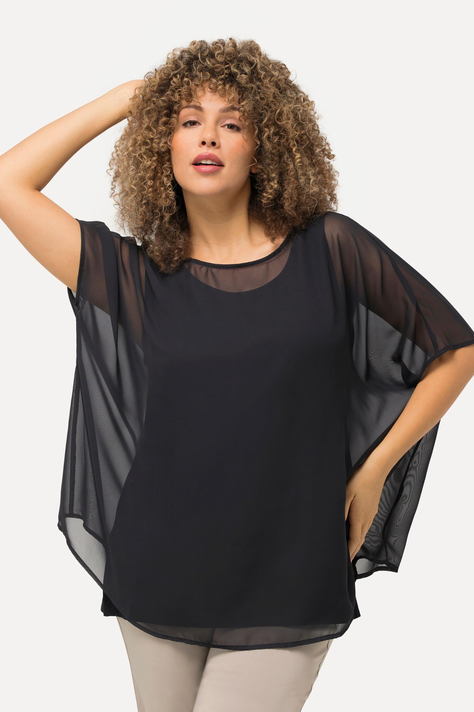 Ulla Popken  Blouse oversized en mousseline. Col rond et manches courtes 