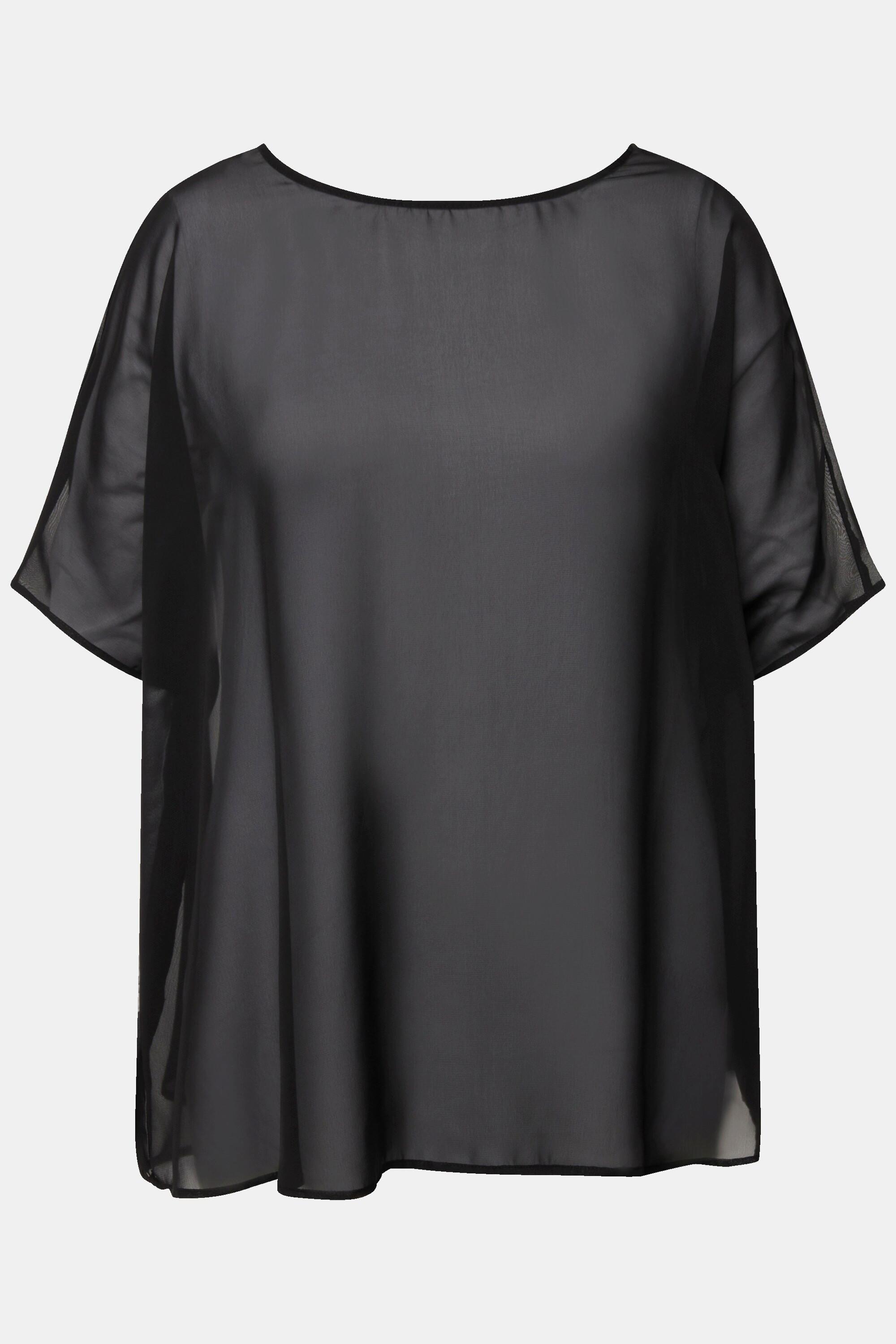 Ulla Popken  Blouse oversized en mousseline. Col rond et manches courtes 