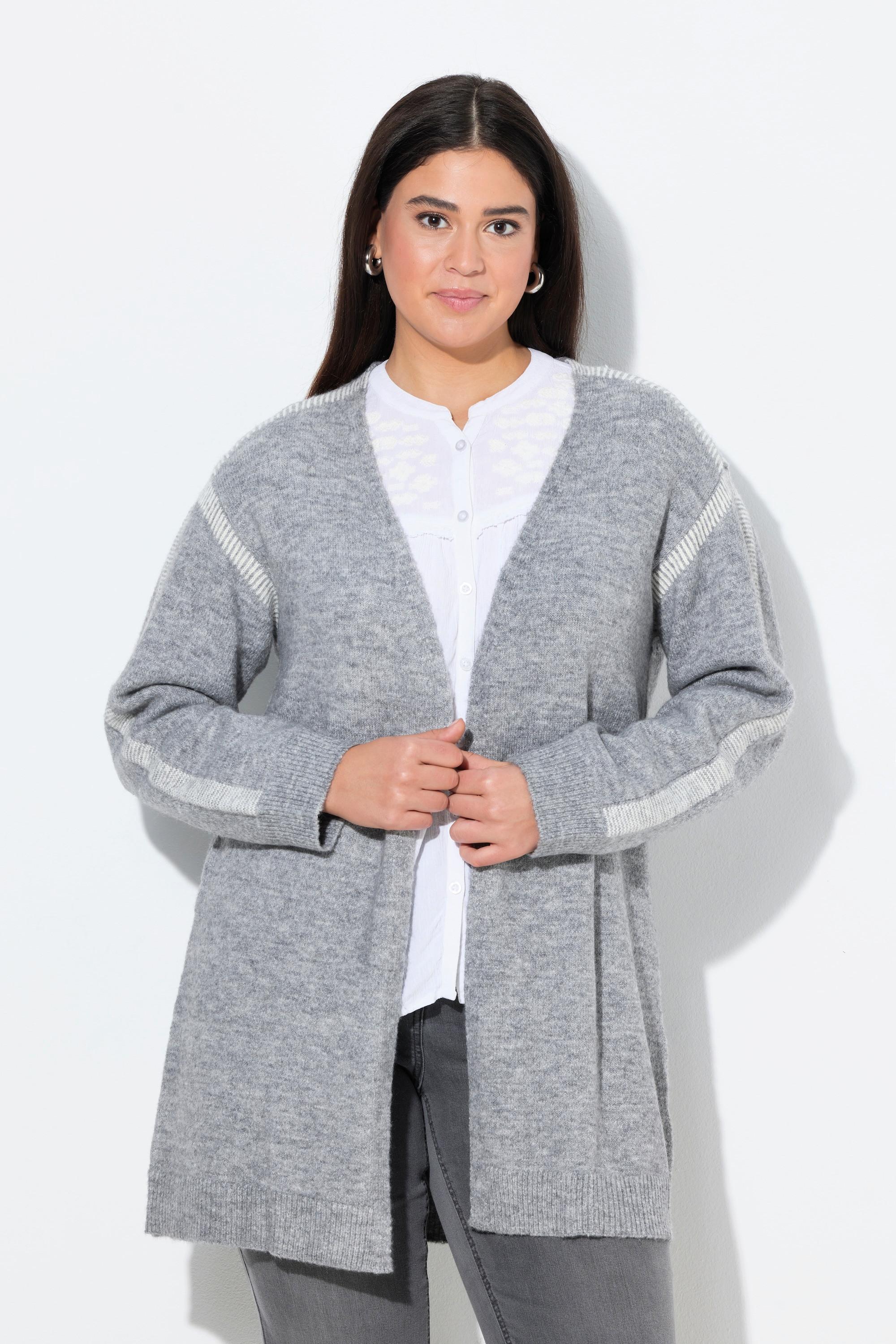 Ulla Popken Long Strickjacke Ziernähte Langarm  