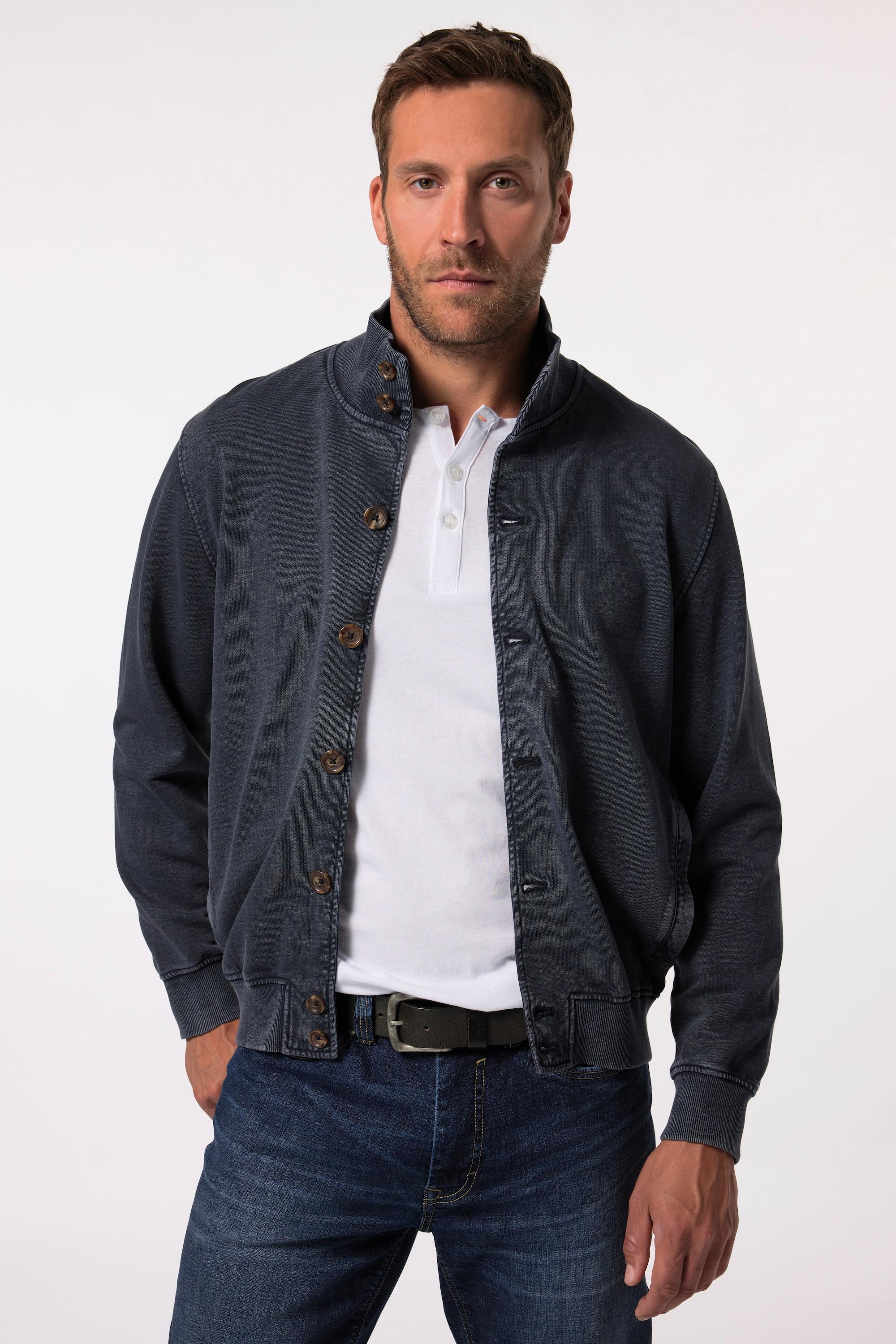 JP1880  Veste en molleton esprit vintage. Col montant et patte de boutonnage bleu marine 