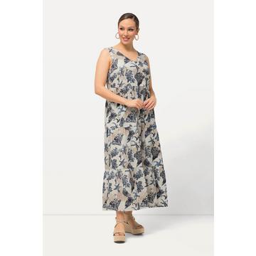 Robe en lin mélangé à imprimé corail, décolleté en V, sans manches