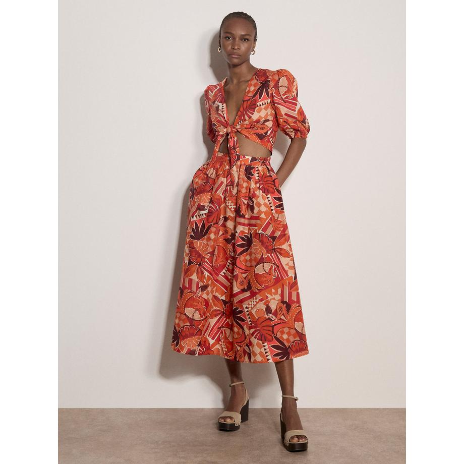 APRICOT Top mit tropischem Blätter Patchwork und Bindeband vorne  