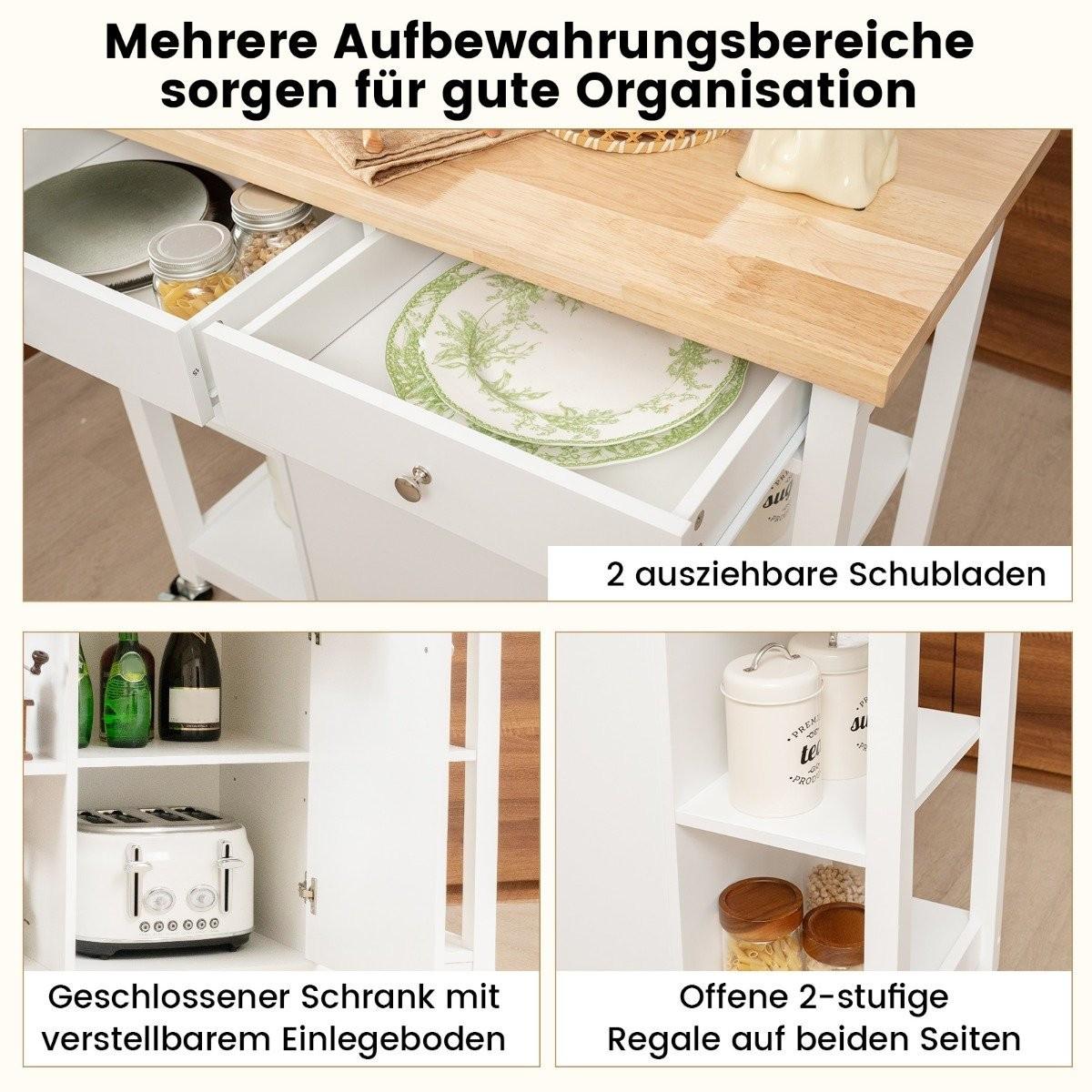 Northix Küchenwagen mit Rollen Kücheninsel mit Arbeitsplatte Servierwagen mit 2 Schubladen 99 x 46 x 90 cm Weiß  
