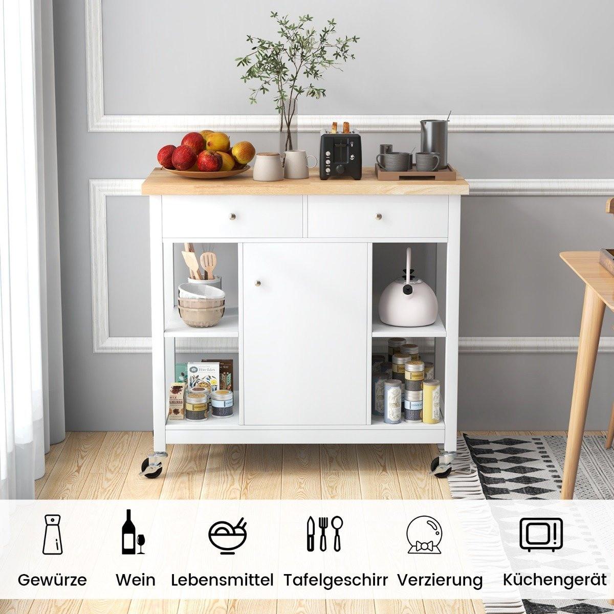 Northix Küchenwagen mit Rollen Kücheninsel mit Arbeitsplatte Servierwagen mit 2 Schubladen 99 x 46 x 90 cm Weiß  