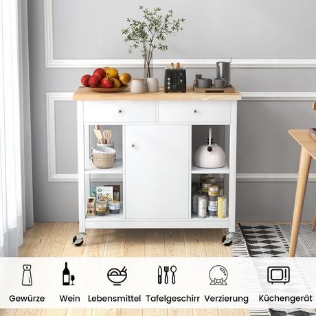 Northix Küchenwagen mit Rollen Kücheninsel mit Arbeitsplatte Servierwagen mit 2 Schubladen 99 x 46 x 90 cm Weiß  
