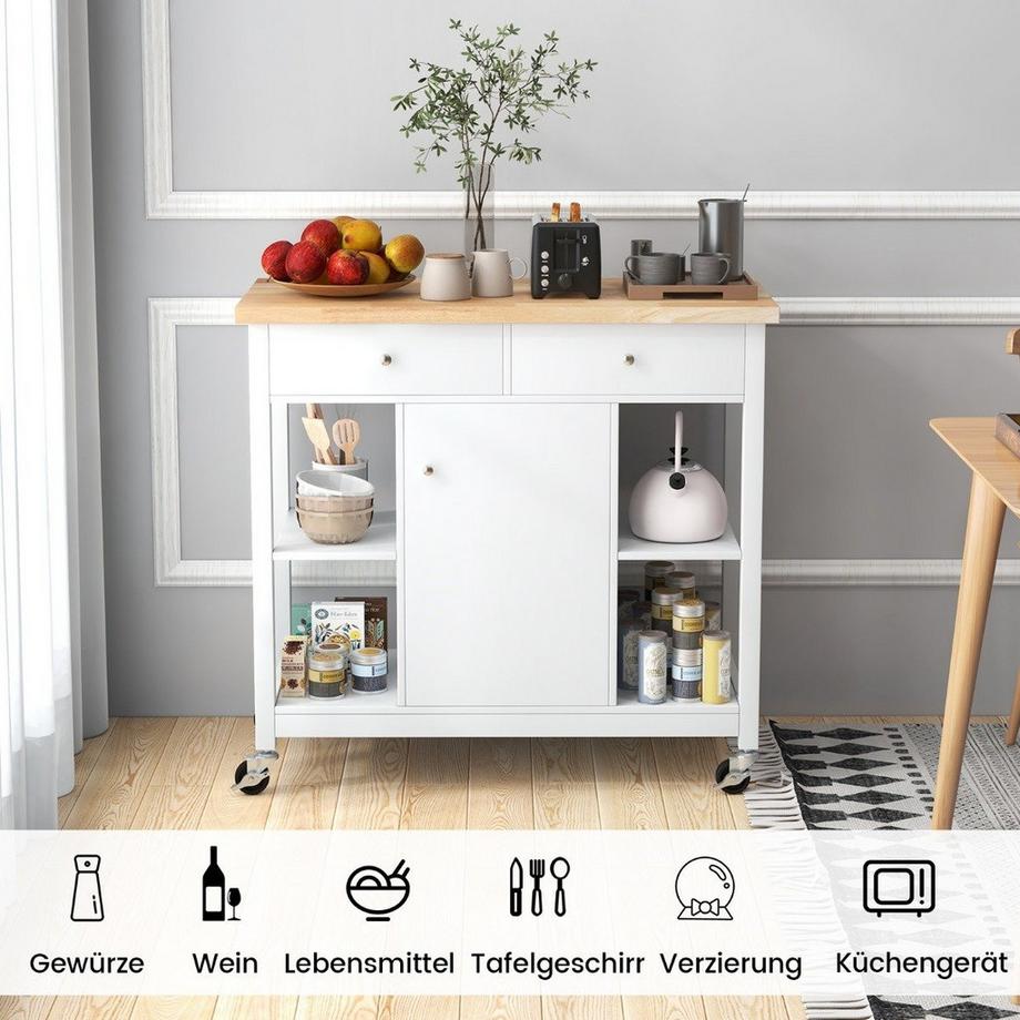 Northix Desserte de cuisine à roulettes Îlot de cuisine avec plan de travail Desserte de service avec 2 tiroirs 99 x 46 x 90 cm Blanc  