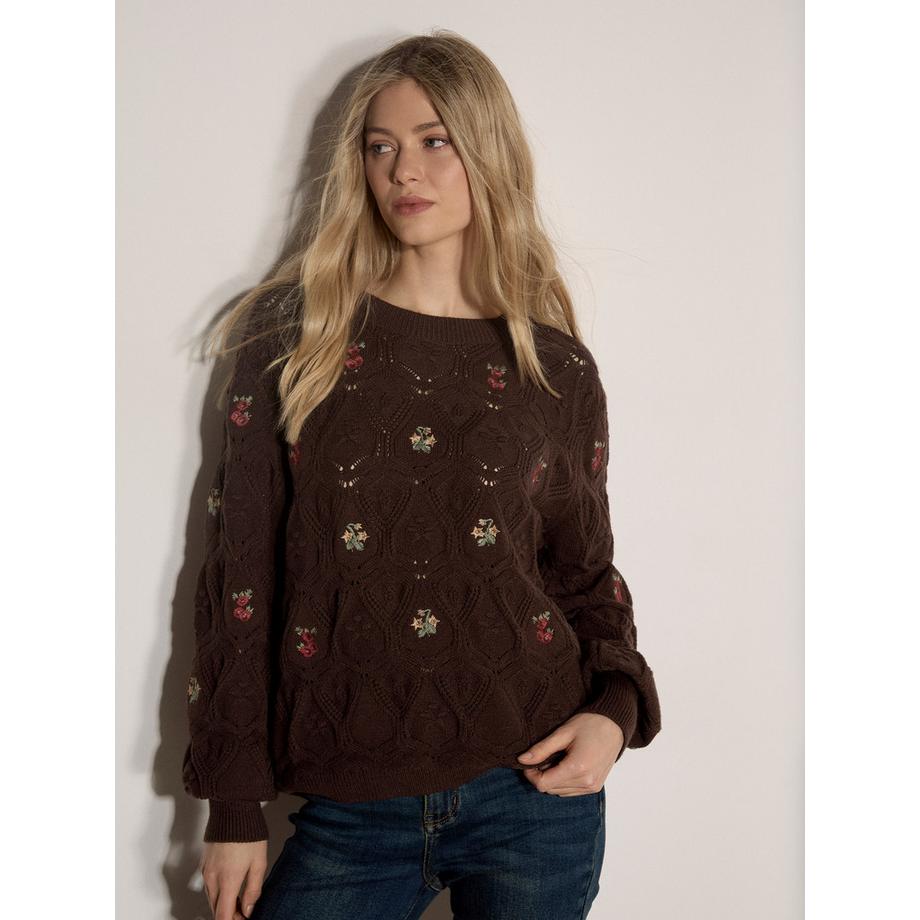 Pullover aus Pointelle-Strick mit Blumenstickerei