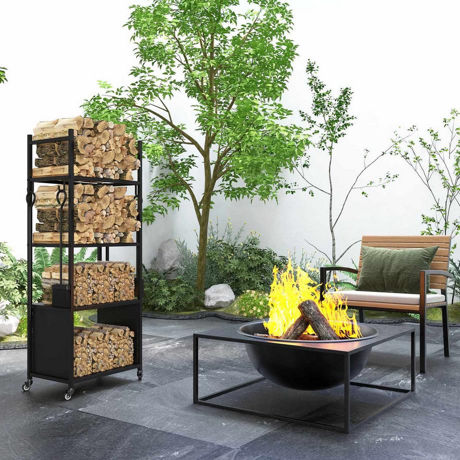 Northio Étagère à bois de cheminée 45 x 30 x 118 cm avec roulettes, 4 étagères, étagère à bois de cheminée pour extérieur, intérieur, jusqu'à 60 kg, métal, noir  