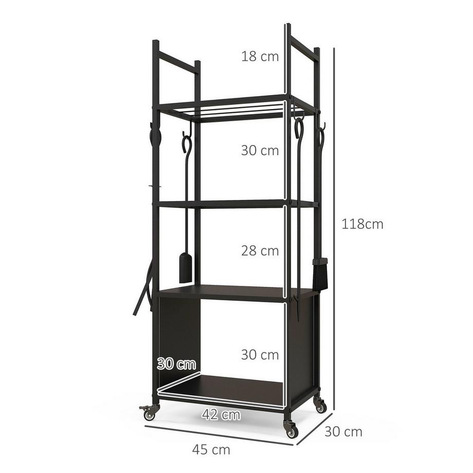Northio Étagère à bois de cheminée 45 x 30 x 118 cm avec roulettes, 4 étagères, étagère à bois de cheminée pour extérieur, intérieur, jusqu'à 60 kg, métal, noir  