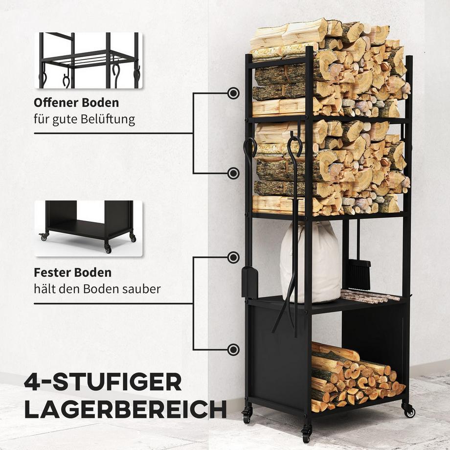 Northio Étagère à bois de cheminée 45 x 30 x 118 cm avec roulettes, 4 étagères, étagère à bois de cheminée pour extérieur, intérieur, jusqu'à 60 kg, métal, noir  