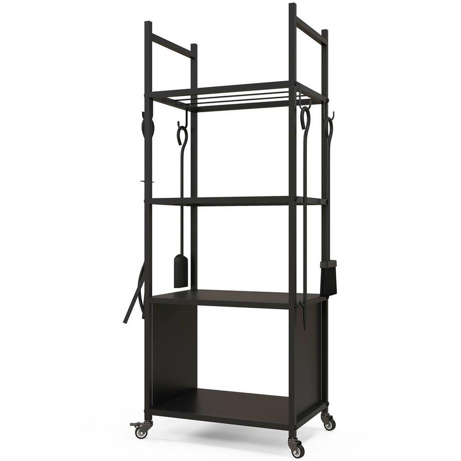 Étagère à bois de cheminée 45 x 30 x 118 cm avec roulettes, 4 étagères, étagère à bois de cheminée pour extérieur, intérieur, jusqu'à 60 kg, métal, noir