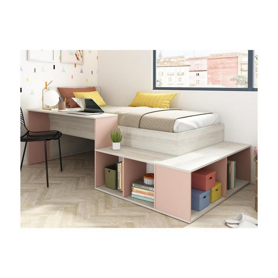 Vente-unique Letto combinato con vani portaoggetti e Scrivania 90 x 200 cm Naturale e Rosa + Rete + Materasso - RIGALI  