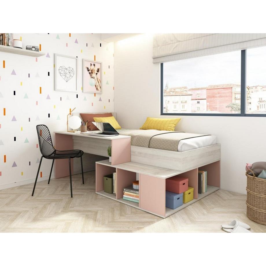 Vente-unique Letto combinato con vani portaoggetti e Scrivania 90 x 200 cm Naturale e Rosa + Rete + Materasso - RIGALI  
