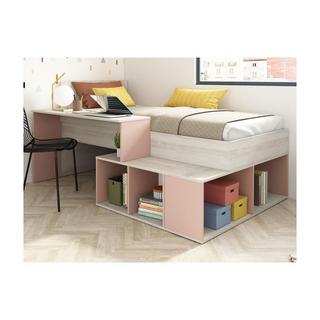 Vente-unique Lit combiné 90 x 200 cm avec rangements et bureau - Coloris : Naturel et rose + Sommier + Matelas - RIGALI  