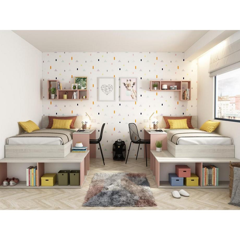 Vente-unique Letto combinato con vani portaoggetti e Scrivania 90 x 200 cm Naturale e Rosa + Rete + Materasso - RIGALI  