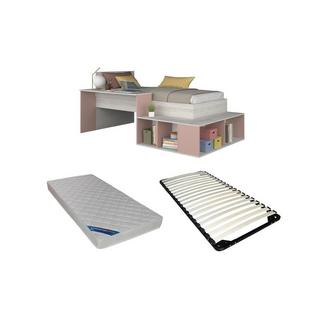 Vente-unique Lit combiné 90 x 200 cm avec rangements et bureau - Coloris : Naturel et rose + Sommier + Matelas - RIGALI  