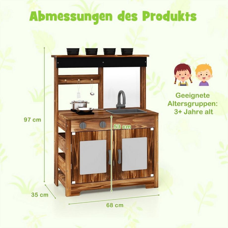 Northix  Matschküche Kinder Outdoor Kinderküche Tannenholz mit 4 Kochtöpfen Braun 