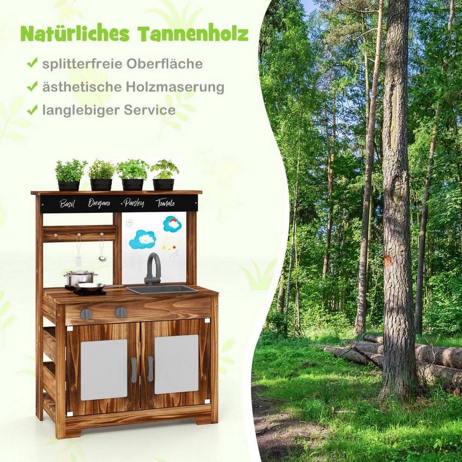 Northix  Matschküche Kinder Outdoor Kinderküche Tannenholz mit 4 Kochtöpfen Braun 