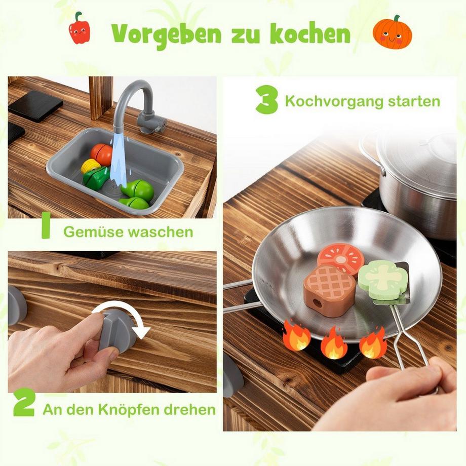 Northix  Matschküche Kinder Outdoor Kinderküche Tannenholz mit 4 Kochtöpfen Braun 