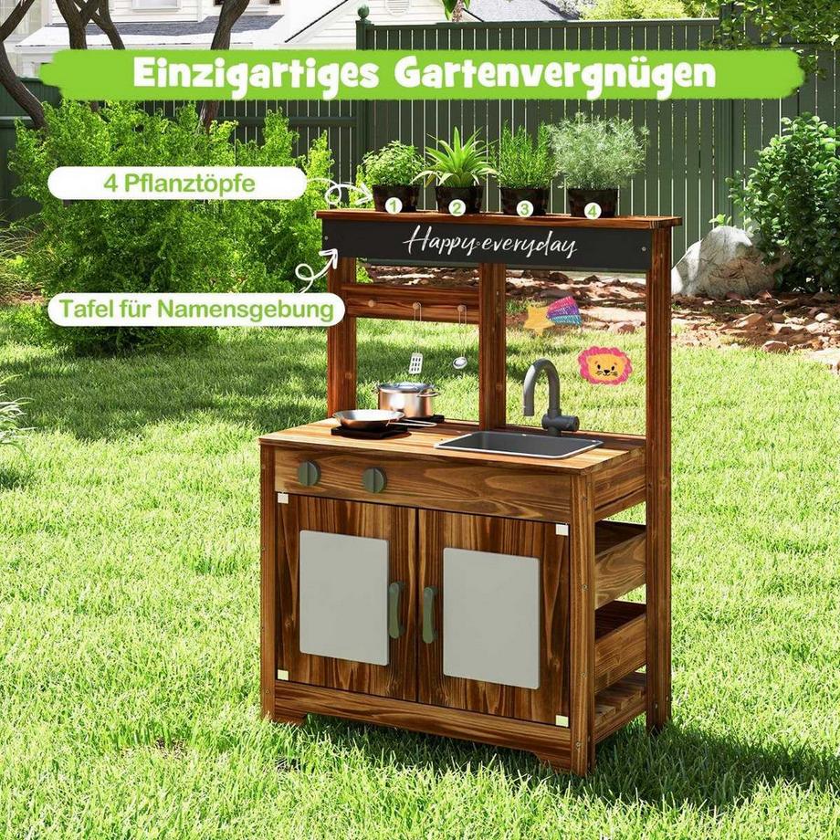 Northix  Matschküche Kinder Outdoor Kinderküche Tannenholz mit 4 Kochtöpfen Braun 