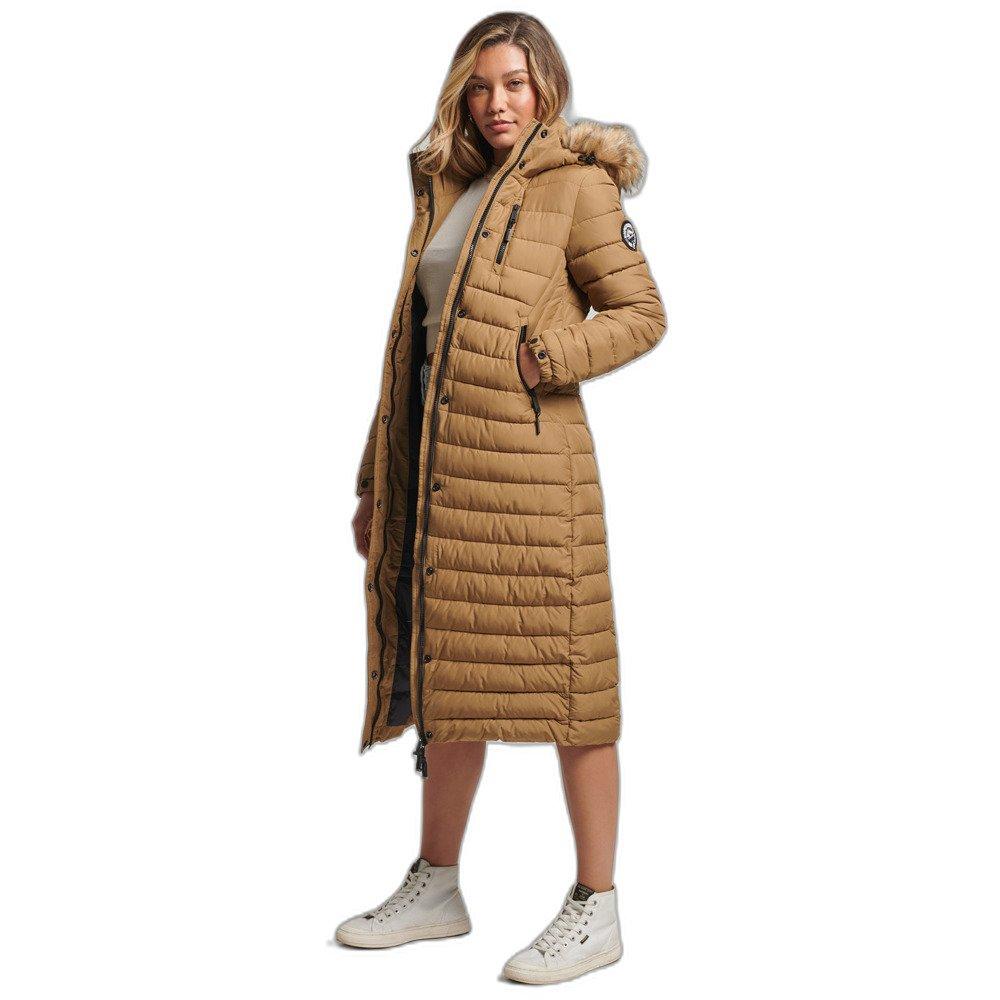 Superdry  doudoune longue et légère à capuche avec faue fourrure uperdry 