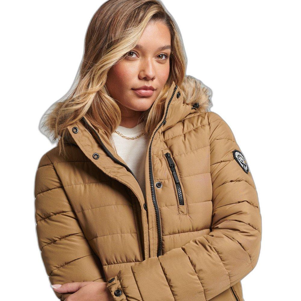 Superdry  doudoune longue et légère à capuche avec faue fourrure uperdry 